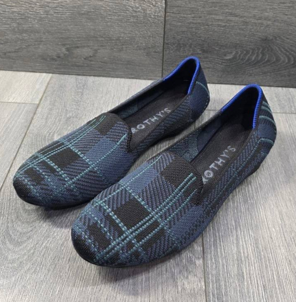 Rothy's The Loafer 9 W Blue Plaid Knit Sustainable shoes Flat Academia S000157